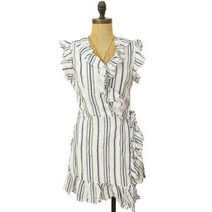 Aqua Ruffle Mini Wrap Dress M Short Sleeve Striped Navy White NEW Tag $88 B24